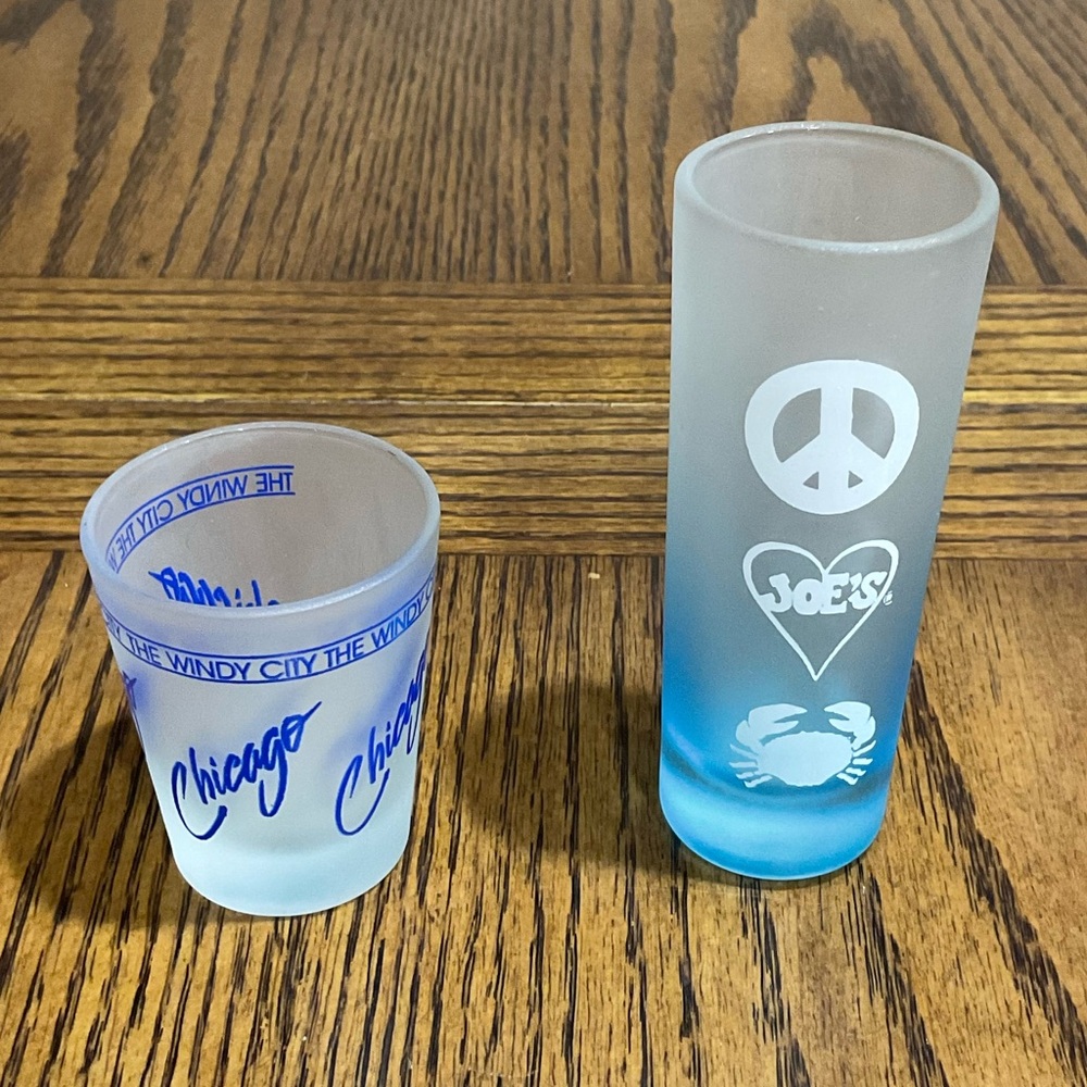 2 shot glasses: Joe’s Crabshack & Chicago the windy Ciry